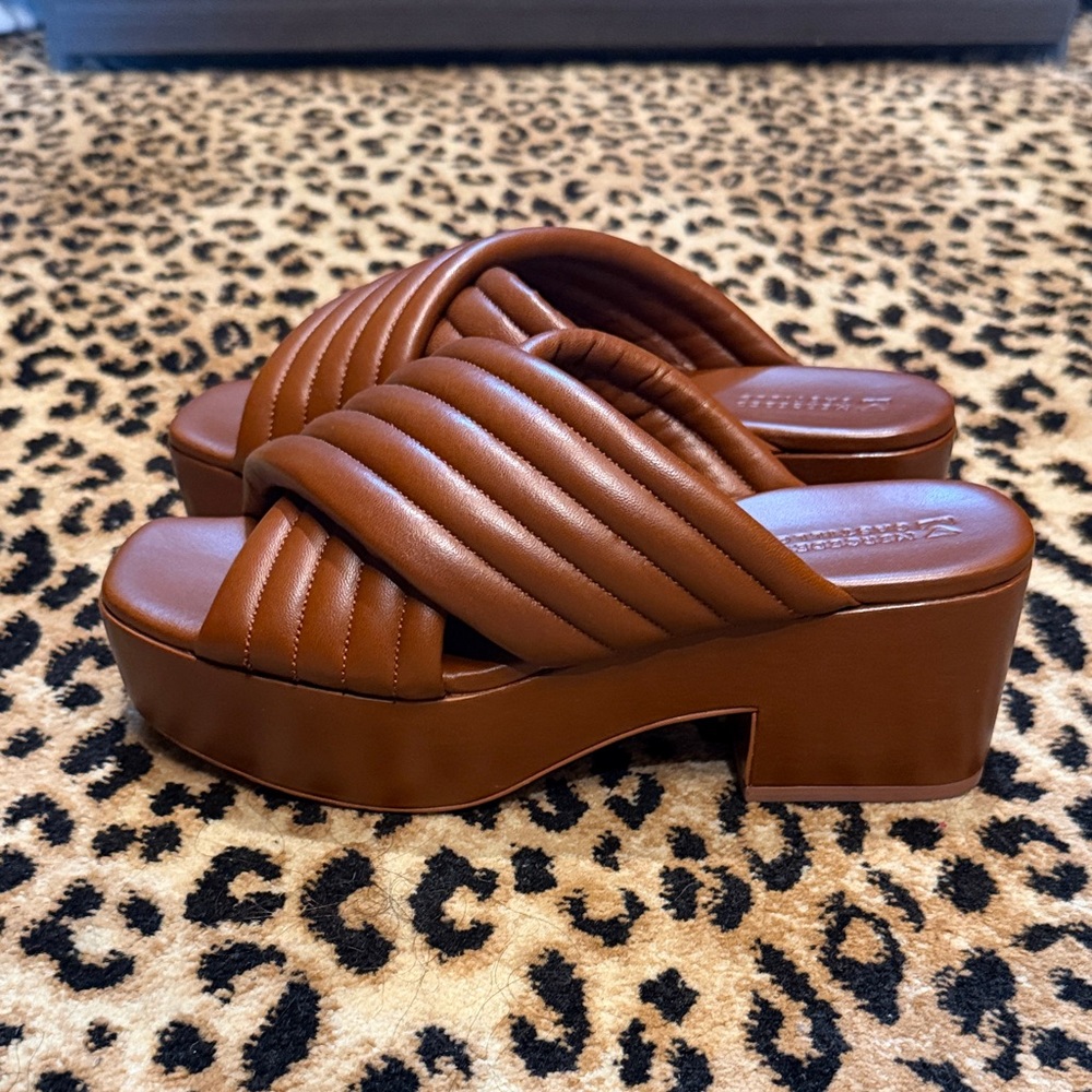 MERCEDES CASTILLO Quilted Platform Slide Sandals in Cognac Brown